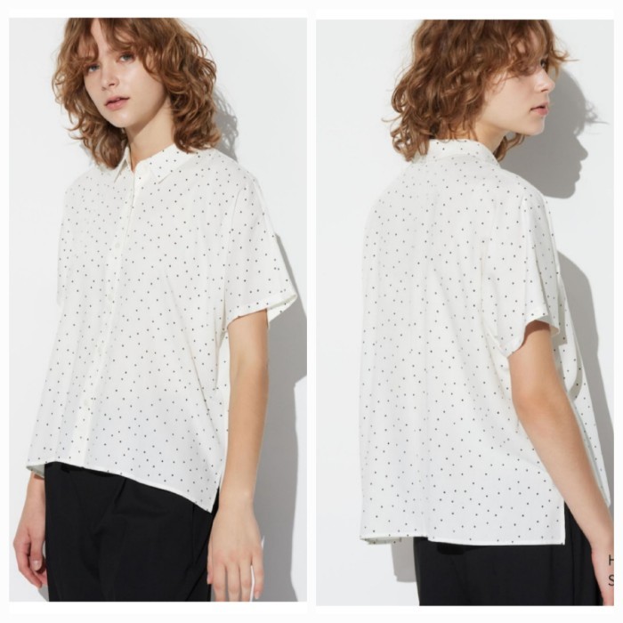Uniqlo Kemeja Wanita Blus Rayon Polkadot Putih Baru Asli Original