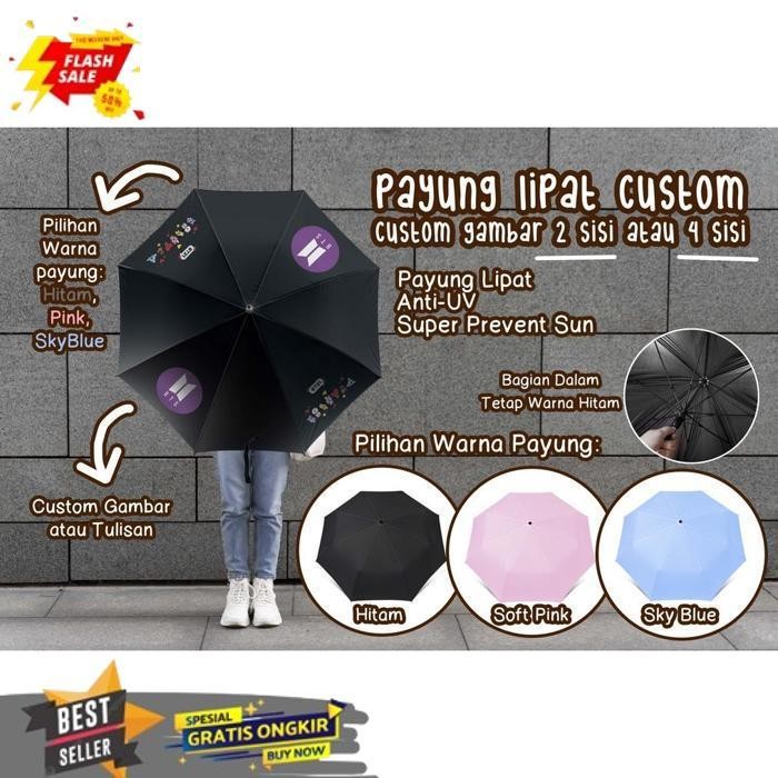 TRENDING CUSTOM PAYUNG LIPAT TEMA GAMBAR BTS BT21 / DESAIN SENDIRI - TERSEDIA PILIHAN WARNA PAYUNG: 