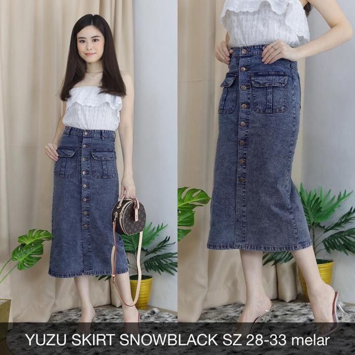 NEW ARRIVAL ROK JEANS 7/8 SPAN PENDEK MIDI SKIRT DENIM WANITA KANCING SLIT DEPAN KOREAN STYLE HKL14