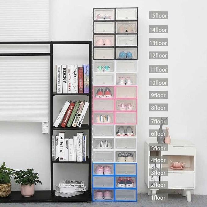 Promo Rak Sepatu Plastik Kotak Sepatu Rakit Transparan Anti Debu Shoe Box Desain Kotak 6 Pcs