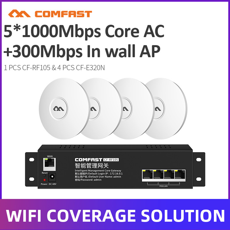 NEW Indoor WiFi Cover Solution 4pcs E320NV2 300Mbps Ceiling AP + RF105 4Port POE AC Wifi Router Gate