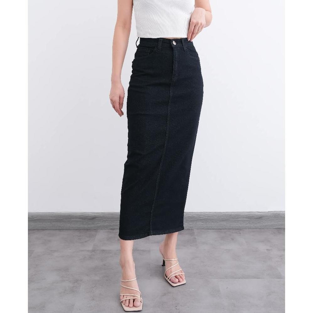 Rok Jeans Span Panjang Reiko Rok Wanita Stretch Melar Rok Denim Skirt Jeans Premium