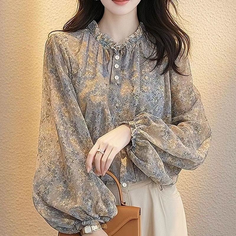 Blus Wanita Bahan Sifon Motif Floral Gaya Prancis