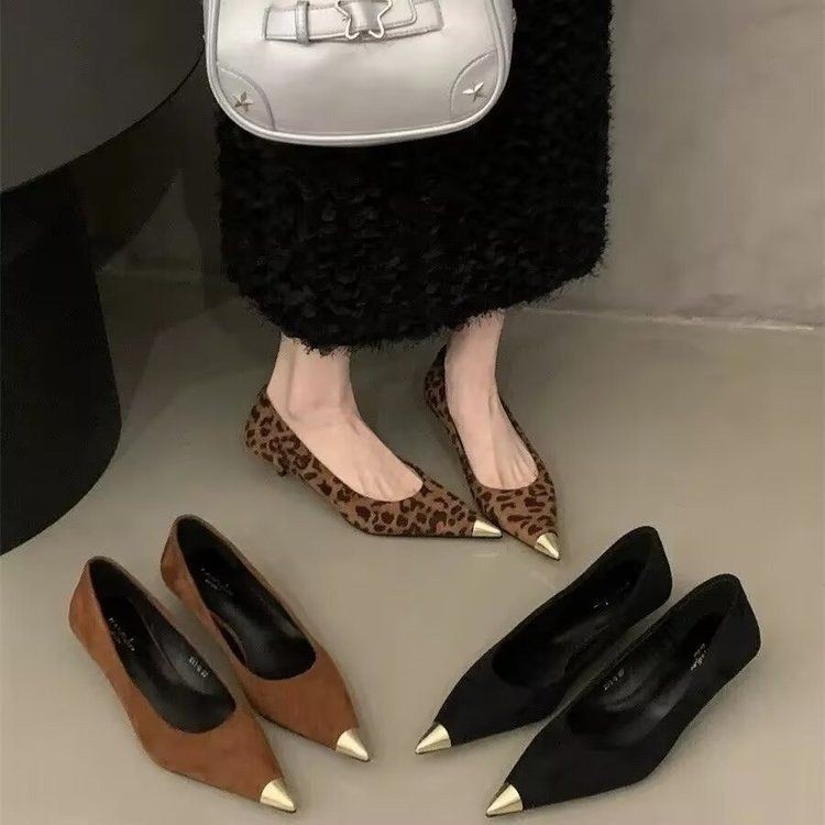French Style Elegant Kitten Heel Pointed Toe Leopard Print High Heels Chanel Style Single Shoes