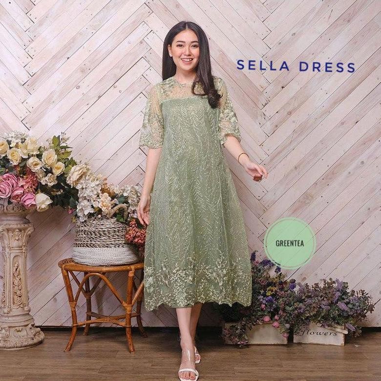 Long Dress Tile Full/Sella Dress/Dress Kondangan Dress Brukat Sage Green Baju Mini Dress Pesta Bruka