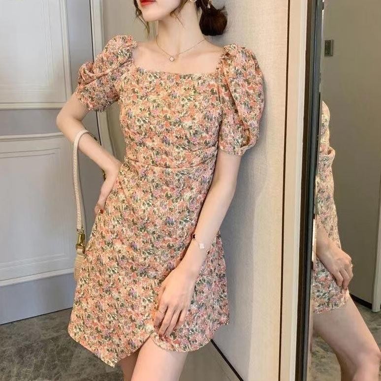 Korean Dress Pendek Lengan Bunga-Bunga Pink Gaya Korea Wanita Import