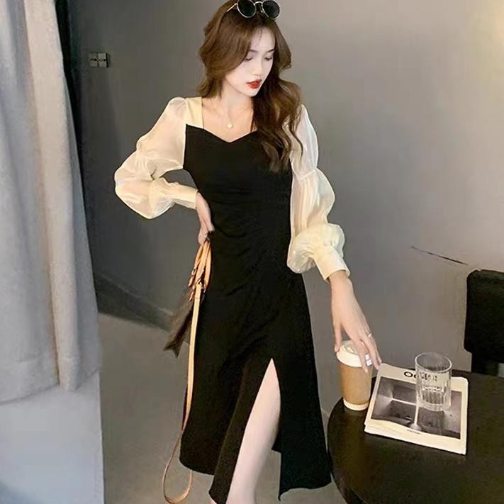 Perancis Hitam Dress Retro Spuare Neck High Waist