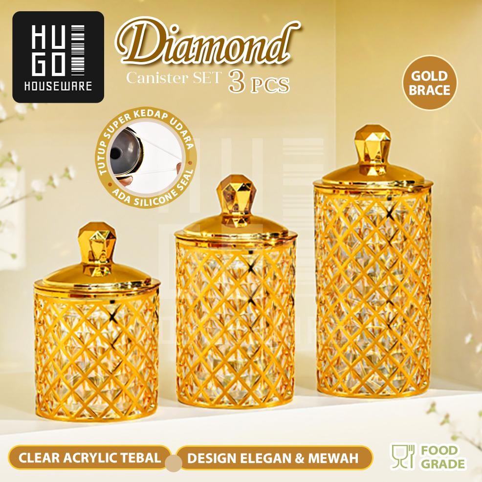 

kareemid hugo toples kue lebaran set 3 pcs aksen gold mewah toples penyimpanan kue snack cemilan makanan toples motif diamond premium