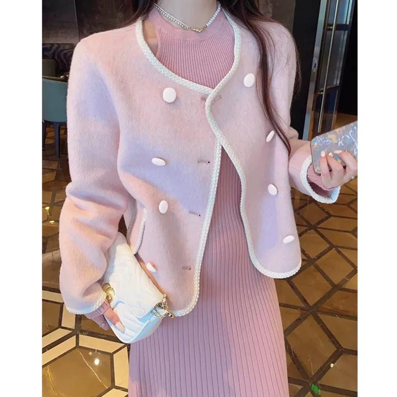 Biru/Merah Muda/Aprikot/Sweater Rajut Pendek Wanita Ala Korea Jaket Wol Manis Retro Jaket Rajut Leng