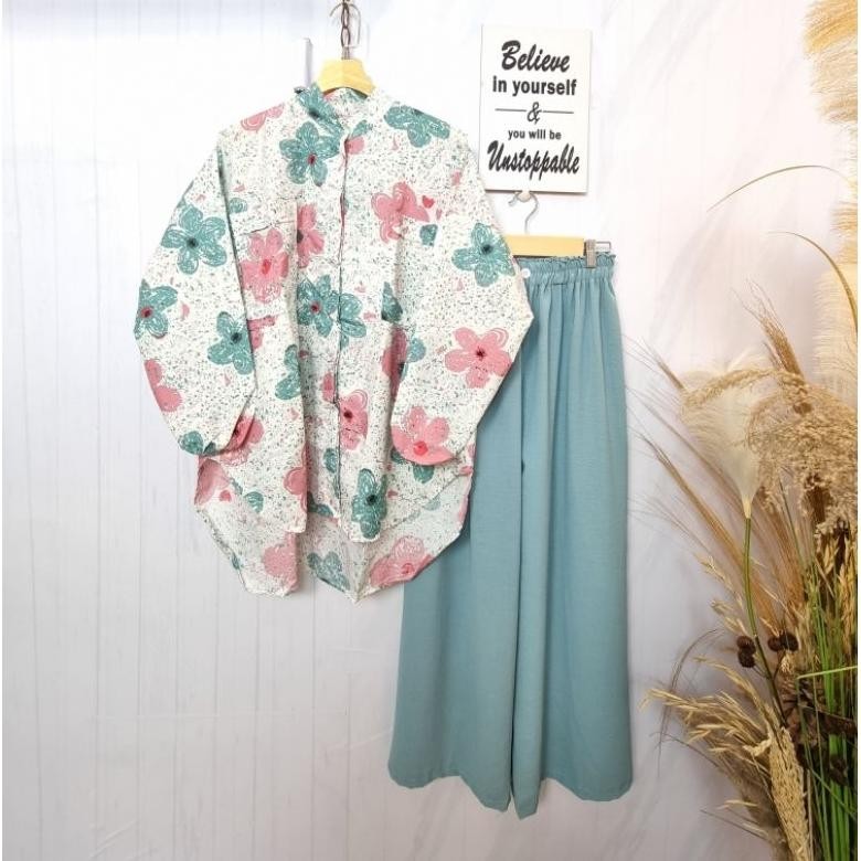 Oneset Faira Tunik Motif Bunga|Setelan Atasan+Celana
