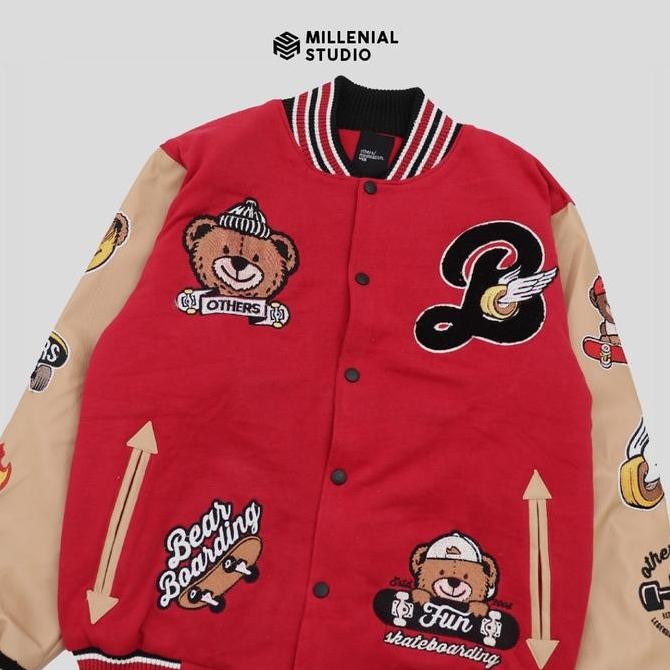 Varsity Jacket Skate Bear Bordir Original Jaket Kulit Sintetis / Jaket Baseball Beruang /Jaket Wanit