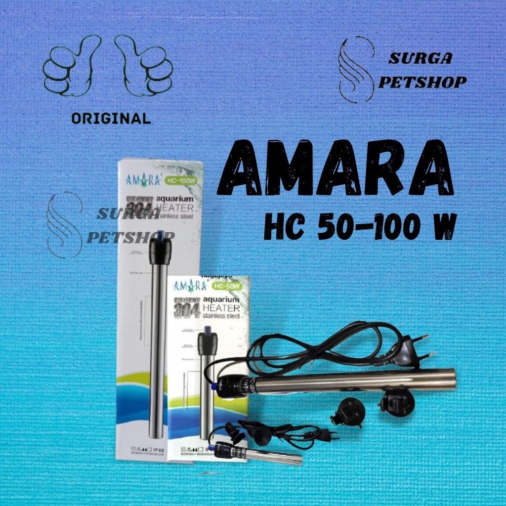 AMARA HC50-100 WATT HEATER HC 50-100 pemanas air aquarium white spot stainless steel logam penghanga