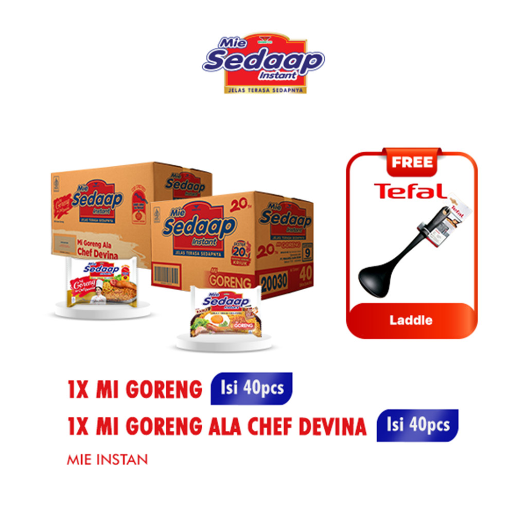 

Sedaap Mie Instan Goreng Bag 90 gr x40 + Sedaap Mie Instan Goreng Ala Chef Bag 93 gr x40 Free Tefal Soup Laddle