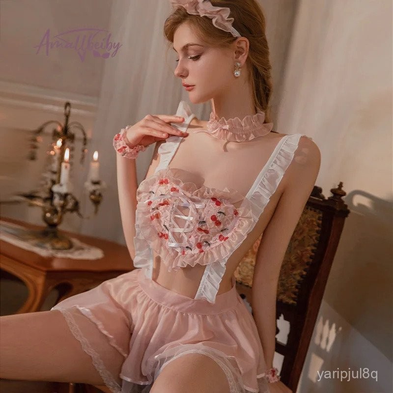 Kawaii Maid Unifo Lolita Sexy Lingerie Layanan Kamar Kostum Cosplay Gaun Pink Lucu dan Thong Set Gad