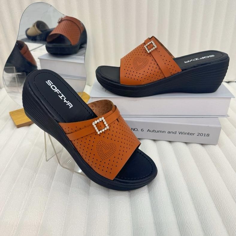 fgh-56 Sandal Wedges Sofia Import Terbaru 2022/Sandal Wanita Wedges Selop Motif Kekinian Berkualitas