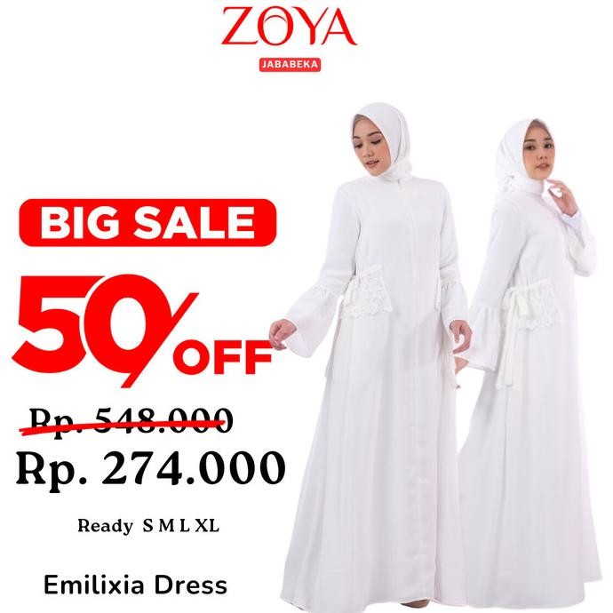 Trend Zoya Emilixia Dress White - Baju Pakaian Muslim Wanita Dress Gamis Polos Wudhu & Busui Friendl