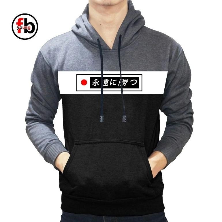 Sweater Hoodie Kaos Kupluk Pria Tulisan Jepang Lengan Panjang