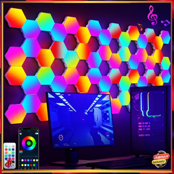 Lampu Hexagonal RGB LED 3 6 10 Pcs Light Lamp Hexagon Hias Dekorasi Interior Kontrol Aplikasi Remote