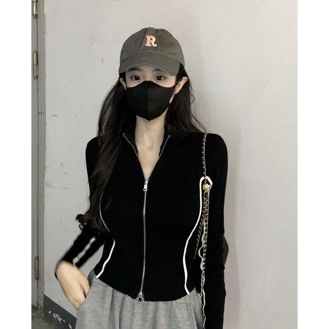 Lemonit Jaket Vintage Zipper Knit Premium | Atasan Wanita Monochrome Resleting Jaket Rajut | Hoodie 