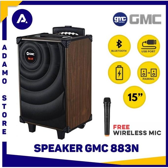 Speaker Gmc 883N Bluetooth Karaoke Portable Active Speaker 15 Inch Free Wireless Mic New Stok