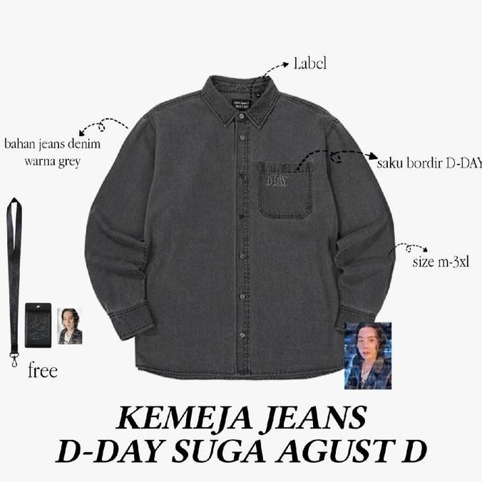 Kemeja Dday Suga Agust D Grey - Free Photocard - Lanyard Holder - Size M-3Xl