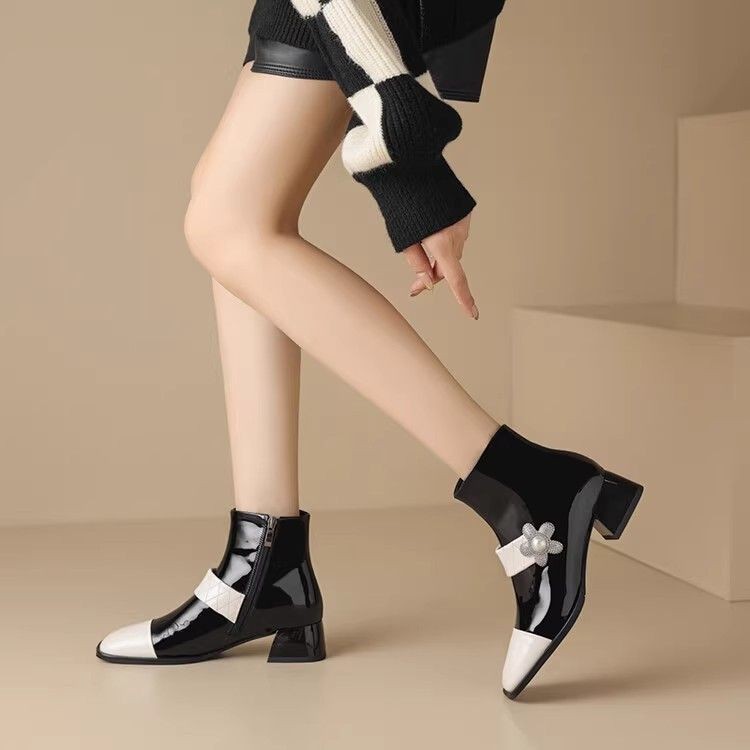 American Style Women's Short Boots with Chunky Heels, Square Toe, Color Block Boots, Fashionable Tre