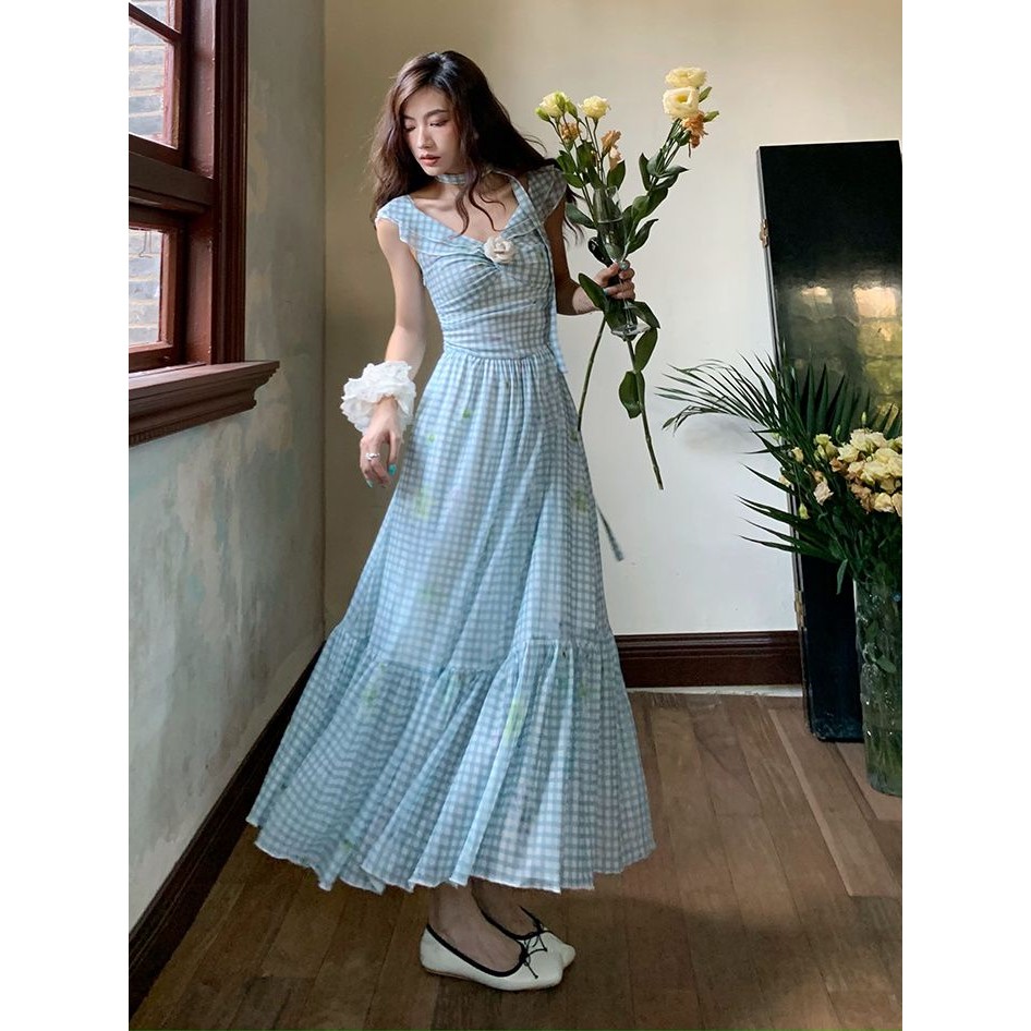 Blue Plaid Print Dress French Retro Super Fairy Niche Long Dress