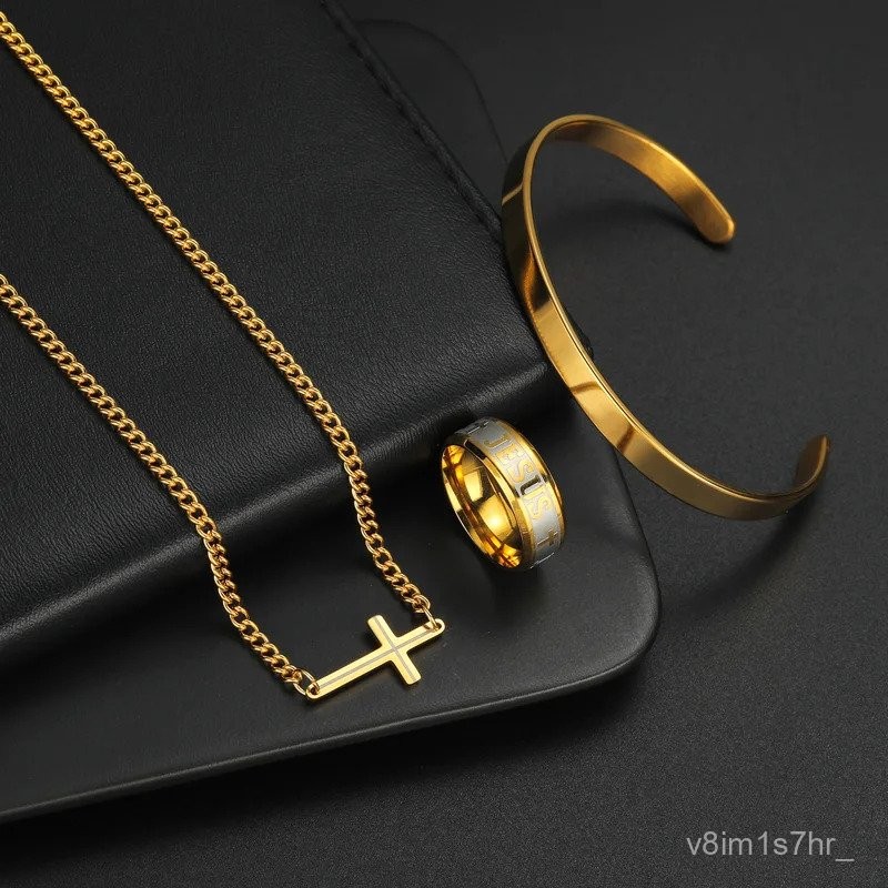 3pcs Set Perhiasan Fashion Anak Laki-Laki Stainless Steel - Kalung Salib Emas Serbaguna, Gelang Rant