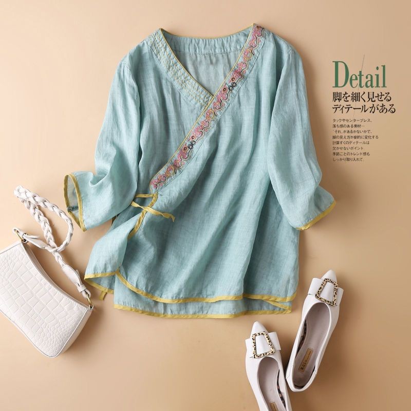Women's Summer Chinese Style Cotton Linen Shirt Embroidered Three-Quarter Sleeve Cotton Linen Blouse
