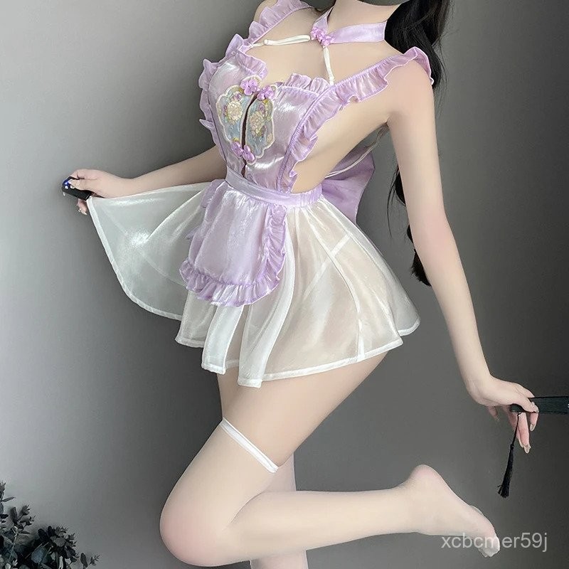 Gaun Pembantu Renda Perspektif Seksi dan Imut Kostum Permainan Peran Chiffon Transparan Cosplay Anim