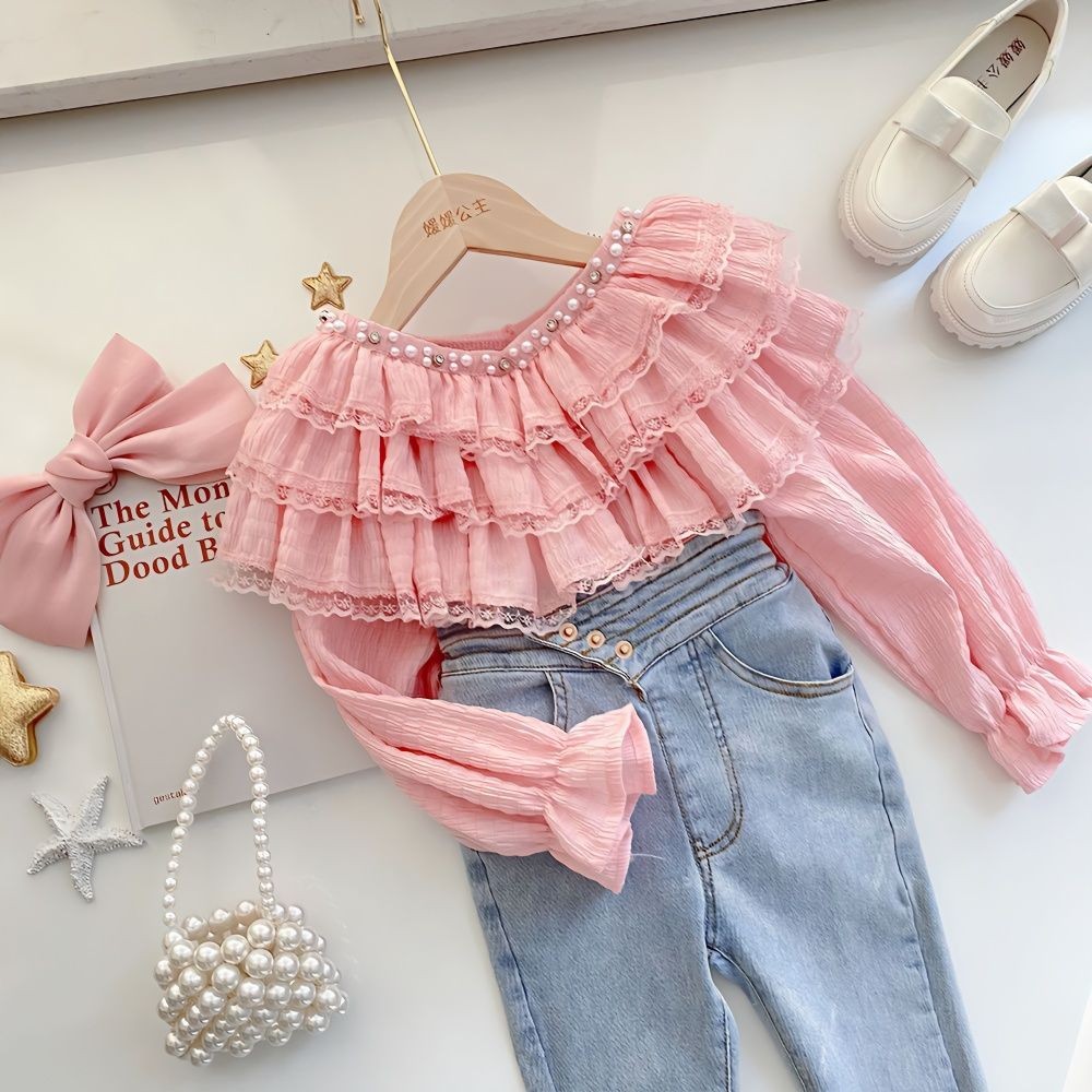 Kemeja Dasar Kerah Renda Putri Bergaya untuk Gadis