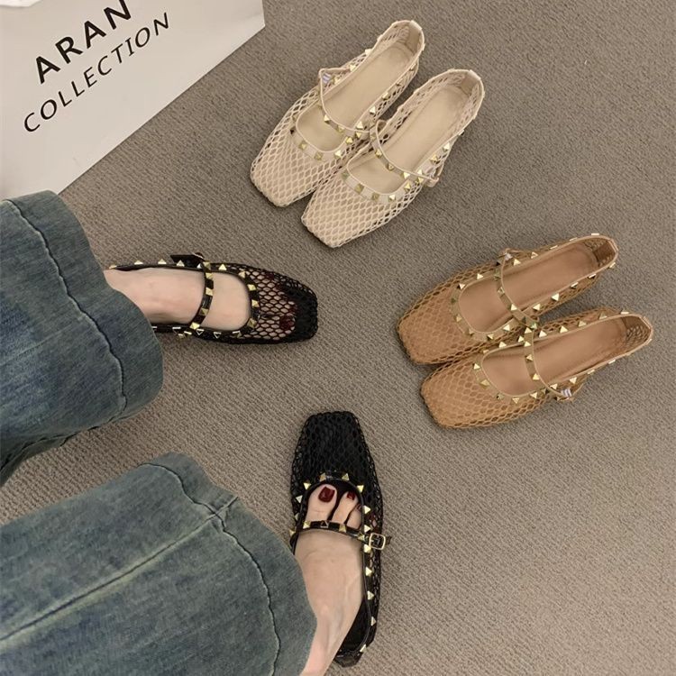 Sepatu Wanita Pump Datar Paku Keling Jala, Sepatu Jaring Ikan Hollow-Out Balet Bawah Lembut