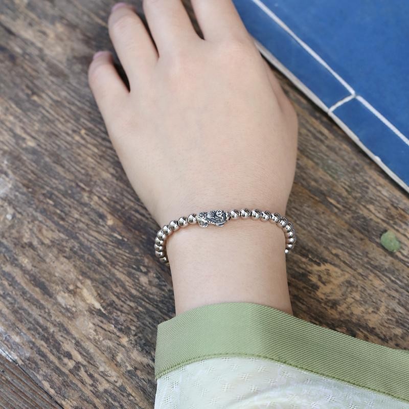 s925Gelang Pixiu Perak Sterling untuk Wanita, Desain Retro Niche Cina Gelang Manik Lingkaran Tunggal