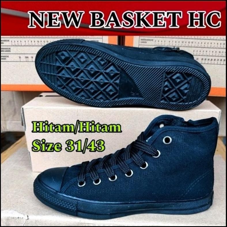 SDR- Sepatu Sekolah Kerja Kuliah Pria Wanita Hitam Polos New Basket HC Tinggi Tali Size 31 Sd 42 TER