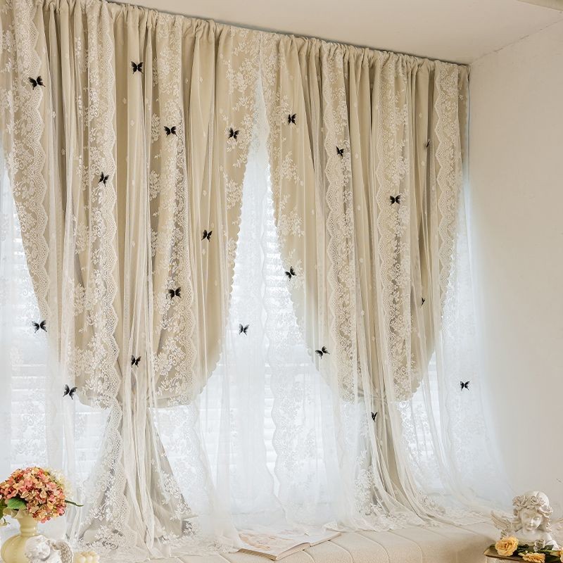 Tirai Hitam Renda untuk Kamar Tidur Jendela Teluk Tirai Pintu Kain Ganda Tipis Terintegrasi