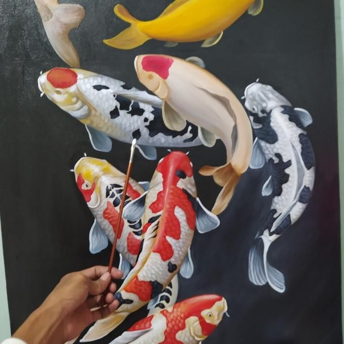 Lukisan Dinding Kanvas Besar Ikan Koi Asli Tangan