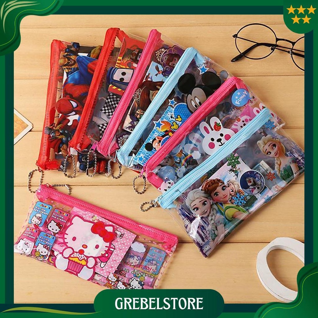 

Set Alat Tulis Karakter Tas Pouch 7In1 / Paket Lengkap Pensil Penghapus Rautan Penggaris Buku Gambar Kartun / Mini Stationery Character 7 Pcs Atk Peralatan Menulis Anak Sekolah Hadiah Kado Ulang Tahun Souvenir Goody Bag Unik Frozen Spiderman Unicorn Cars