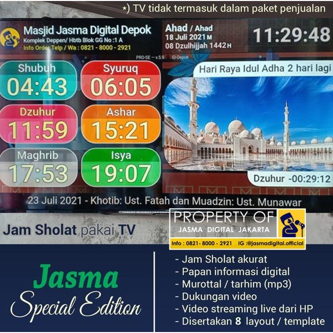 Jasma Versi Spesial Edition Jam Jadwal waktu Sholat Masjid TV LED