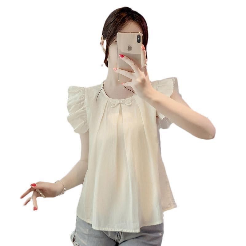 Blus Chiffon Wanita Berkualitas Tinggi Leher Bulat Lengan Kecil Bergetar Kemeja Longgar Gaya Korea