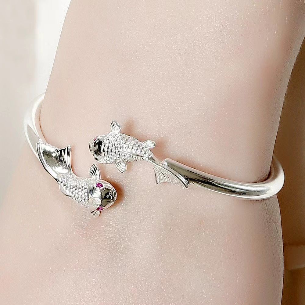Authentic9999Sterling Silver Bracelet for Women, Adjustable Silver-Plated Pisces Bracelet, Non-Fadin