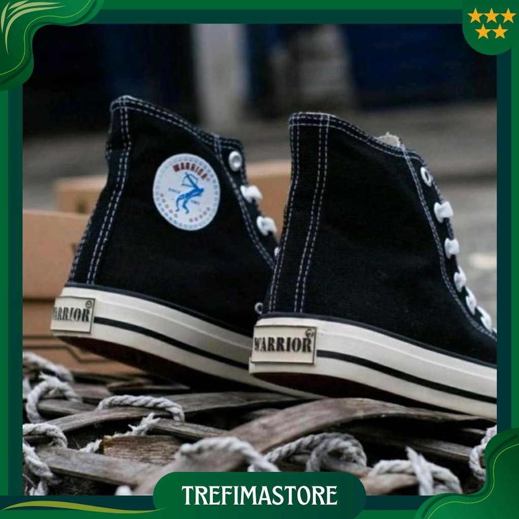 Warior Sepatu Sekolah Kuliah Kerja Cowok Cewek Hitam Putih Tali Tinggi Warrior Sparta Hc Original Si