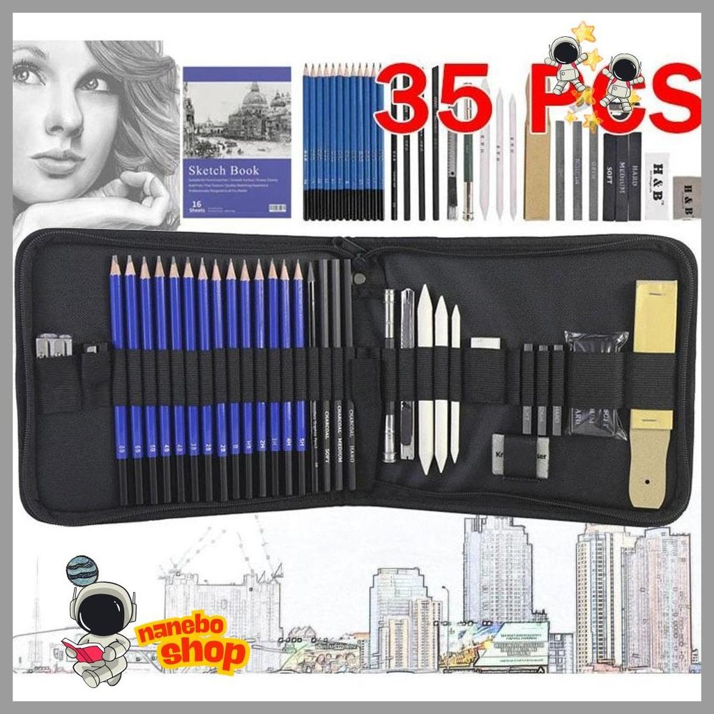 

35Pcs/Set Sketch Pencil Pisau Penghapus Dan Pensil Gambar Untuk Keperluan Sekolah Pencil Drawing Set Promo
