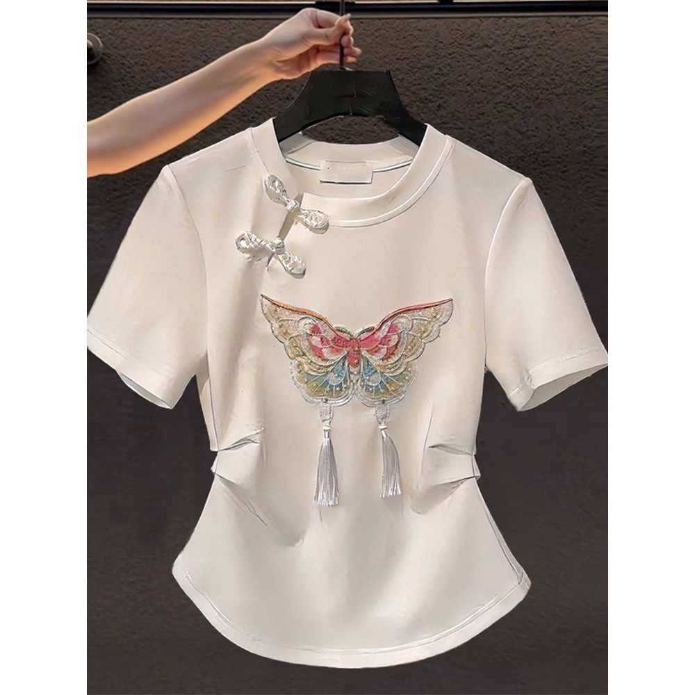Sulaman Gaya Cina Wanita Ukuran Plus/Lengan Pendek/T Baju Kaos/Atasan