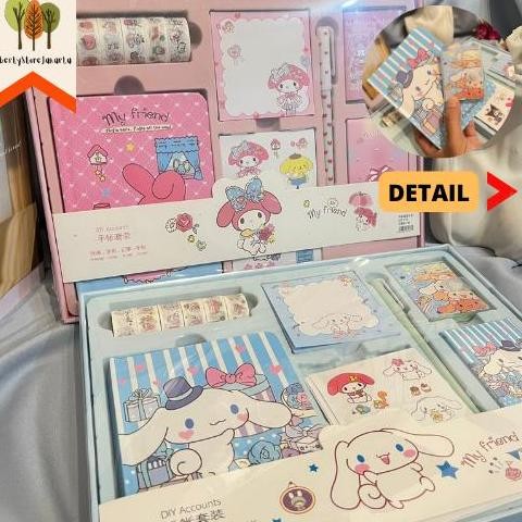 

Paket Jurnal 7 in 1 Karakter Sanrio My Melody Cinnamoroll Pink Biru Free Hard Box