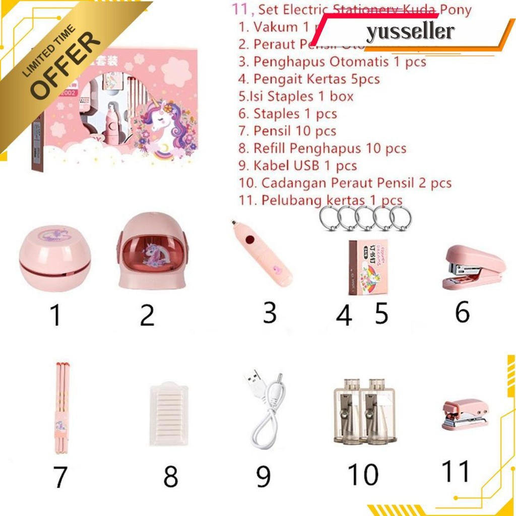 

11 In 1 Alat Tulis /Elektrik Rautan Penghapus Vacuum Pensil Anak Alat Perkakas Belajar Anak Perempuan Kado Electric Stationery Set Cod