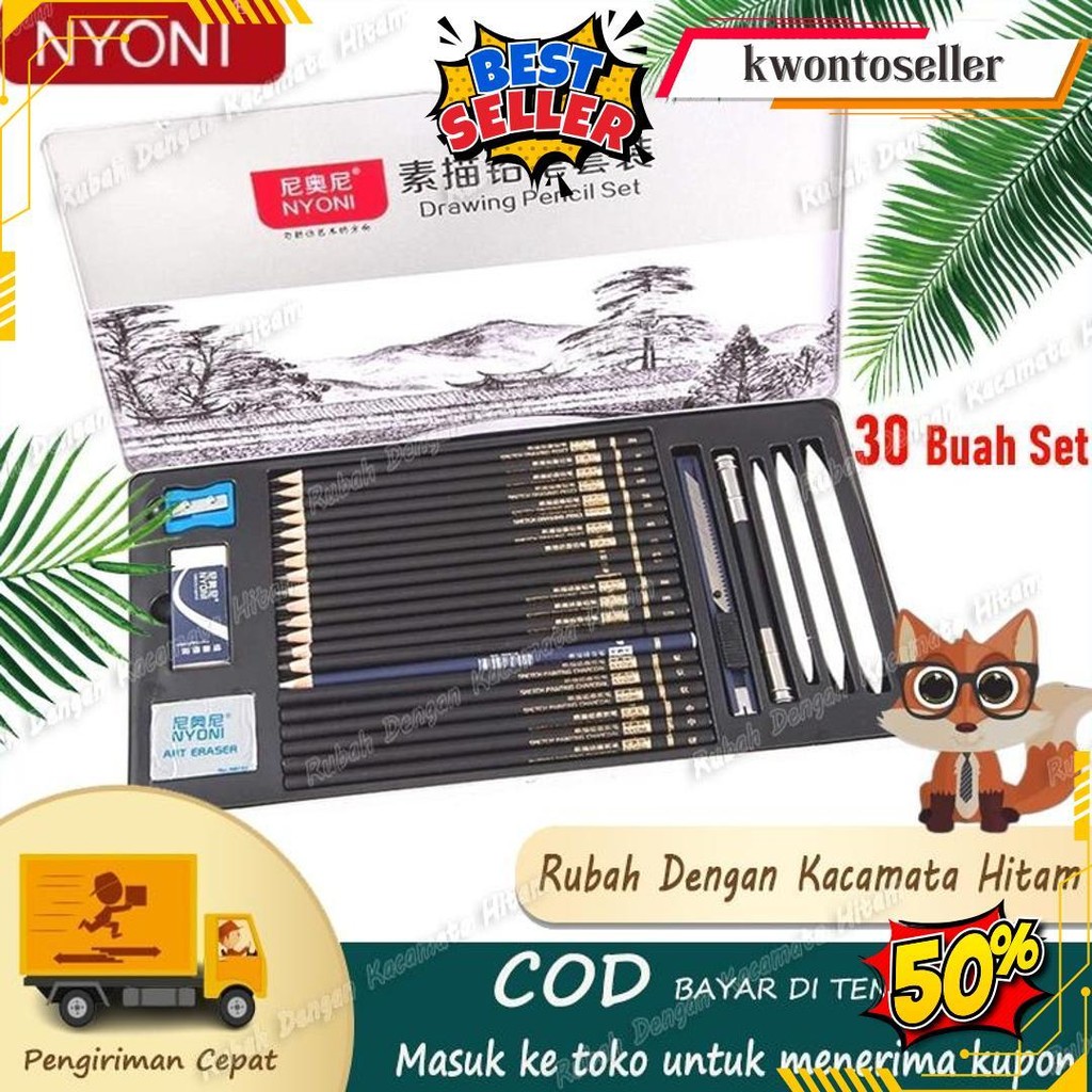 

[Cod]Nyoni Sketch Drawing Pencil Set 30 / Pensil Lukis Sketsa Set Lengkap/Drawing/Sketsa Pensil Matt, Sketsa Pemula, Pensil Arang, Penghapus, Kotak Pena, Pena Kertas, Spons, Pena, Set Pisau/Sketch Pencil Set In Kotak Besi Cod