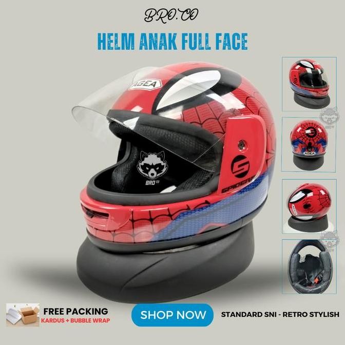 HELM FULL FACE ANAK ANAK KLASIK JUNIOR PREMIUM STANDARD SNI SPIDERMAN RED GLOSSY BROKIDS BRO.CO UNTU