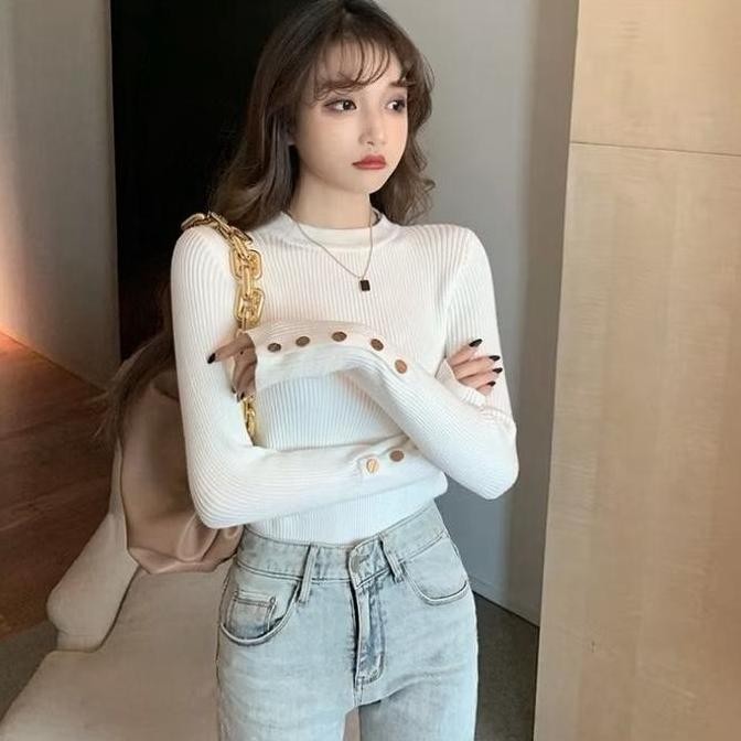 Inara knit atasan rajut wanita kerah bulat  lengan panjang inner premium Polos Hitam Crew Neck Santa