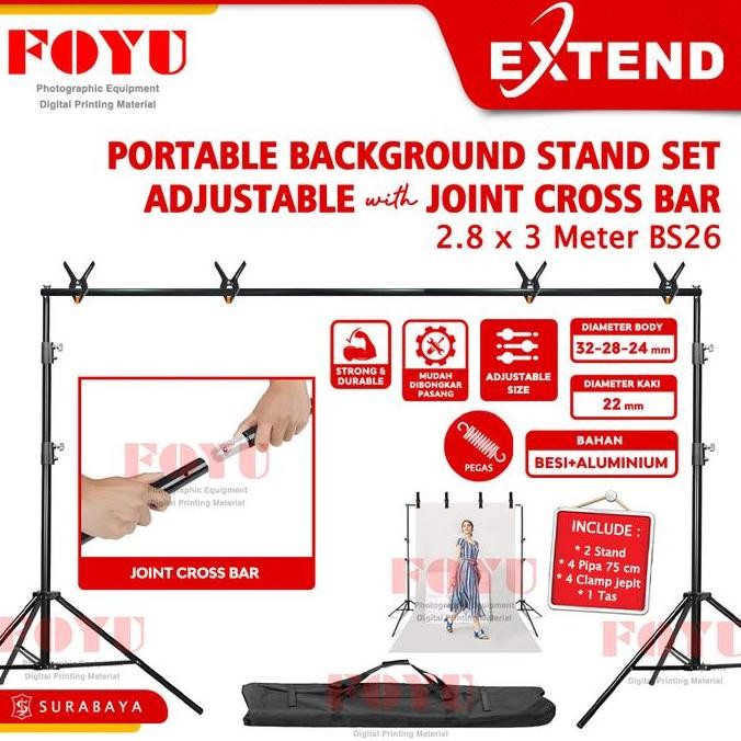 Extend BS26 2,8 x 3 Meter Portable Background Backdrop Layar Studio Stand Set Adjustable Cross Bar S