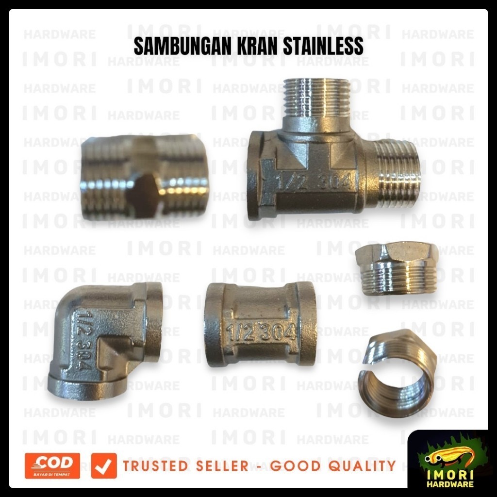 Sambungan Kran Stainless Steel 1/2 3/4 " inch air Keran Verlop Ring Drat Knee Sock T Double Nepel Kn